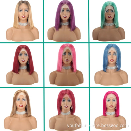 Top Selling Brazilian Hair Ombre Color Blue HD Lace Front Short Bob Wig Virgin Human Hair Bob Wigs 8 Inch Closure Short Bob Wigs